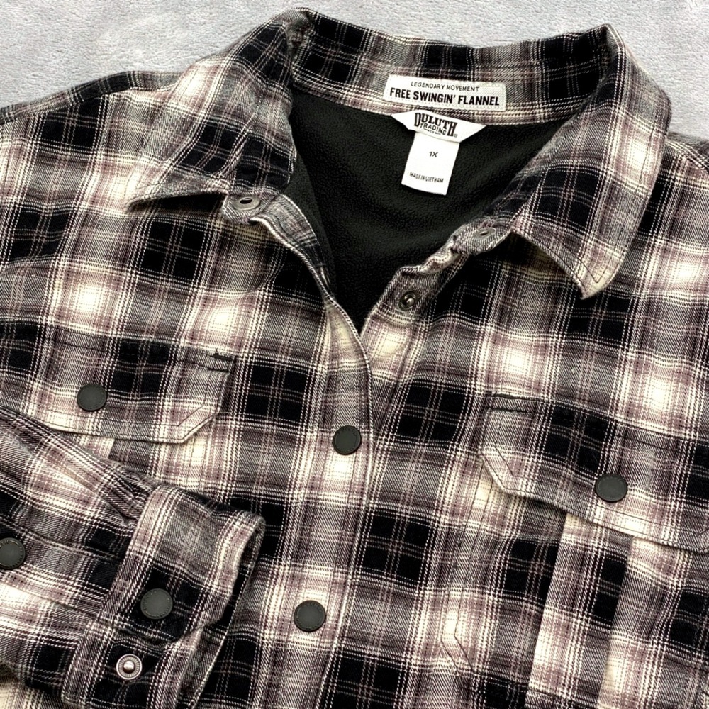 Duluth Trading Co Free Swingin Flannel Fleece Lined Plaid Shirt Jacket 1X Black
